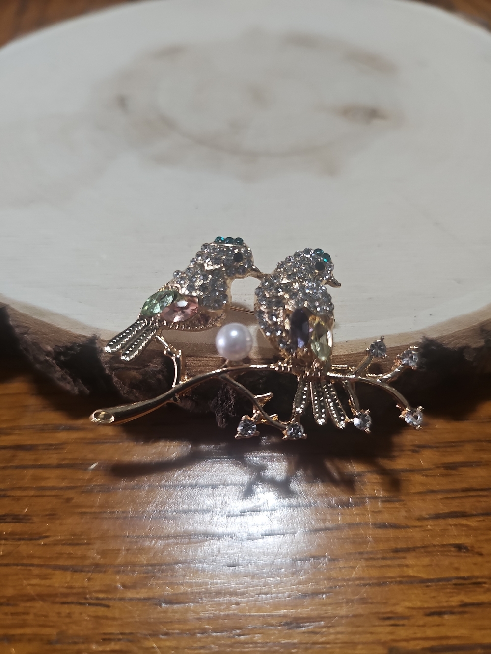 Gold-Tone Crystal Bird Brooch with Pearls and Multicolor Stones